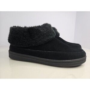 Clark's black suede slipper Low ankle booties faux fur lining Sz 10 Comfort Warm